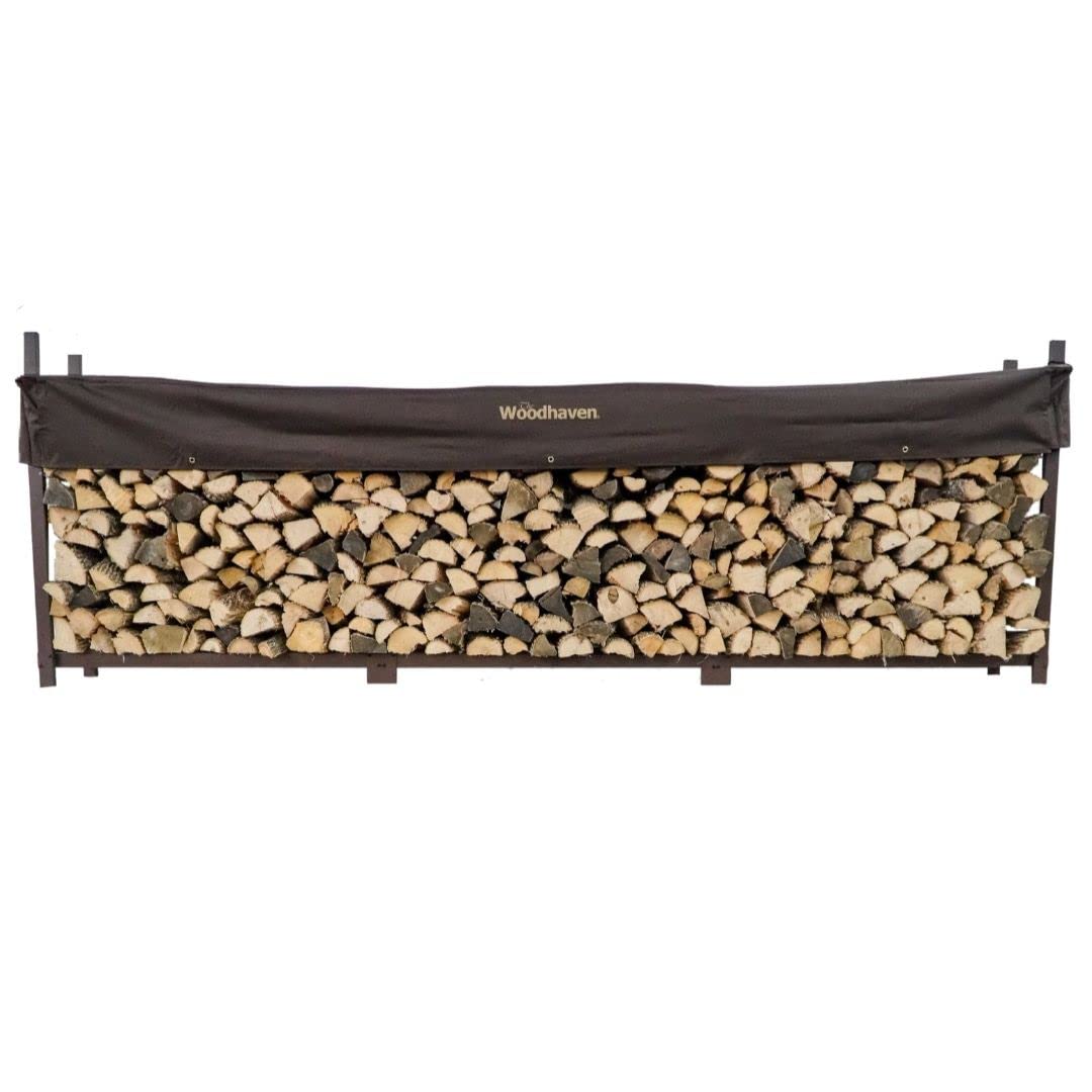 Woodhaven 12-Foot Brown Firewood Rack – American Brand – 3/4 Cord Raised Lumber Storage Rack – Keeps Wood Dry & Ready – Heavy-Duty Steel, Lifetime Structural Warranty (With Cover)
