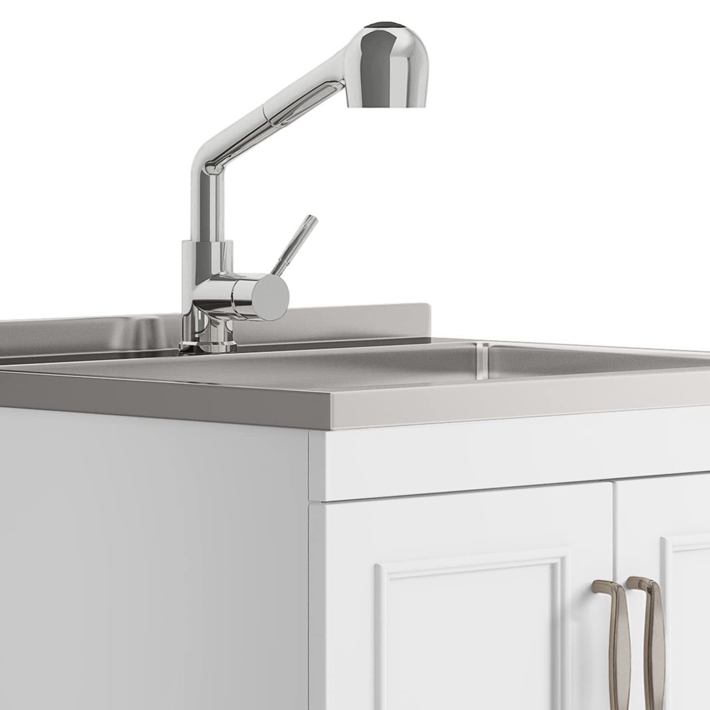 SIMPLIHOME Cardinal All-in-One 28 inch Wide Utility Sink and Laundry Cabinet in Pure White Finish, Transitional Stainless Steel Sink Cabinet for Laundry Rooms with Pull-Out Brushed Nickel Faucet