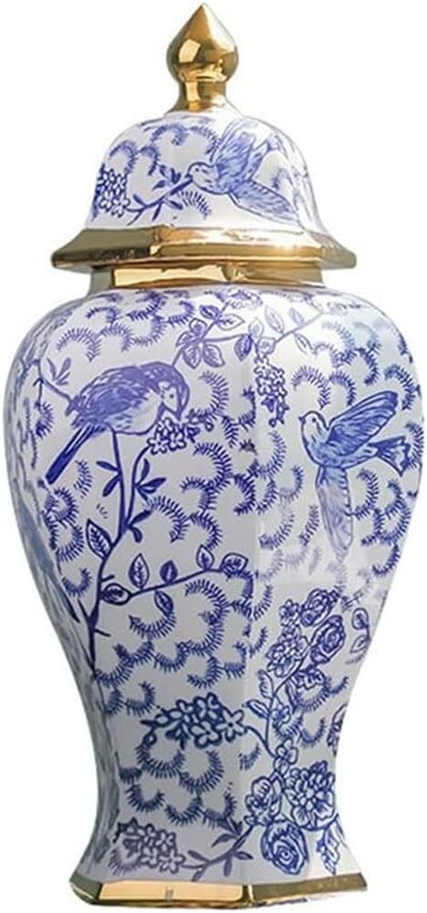 DVJING Porcelain Jar,Ceramic Flower Vase,Handcraft Decorative Ceramic Jar Storage Jars Floral Arrangement Blue and White Flower Vase Temple Jar with Lid for Home Office Bookshelf Living Room(Small)