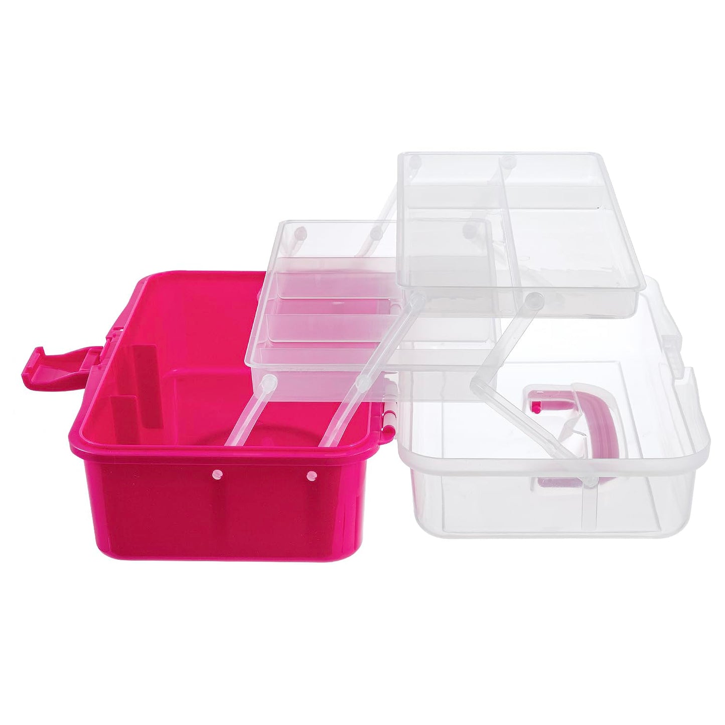MyGift 13-Inch Dark Pink Plastic Craft Organizer and Storage Box – Clear Carrying Case with Latching Lid & 2 Expandable Trays for Sewing, Tools, First Aid, and Art Supplies