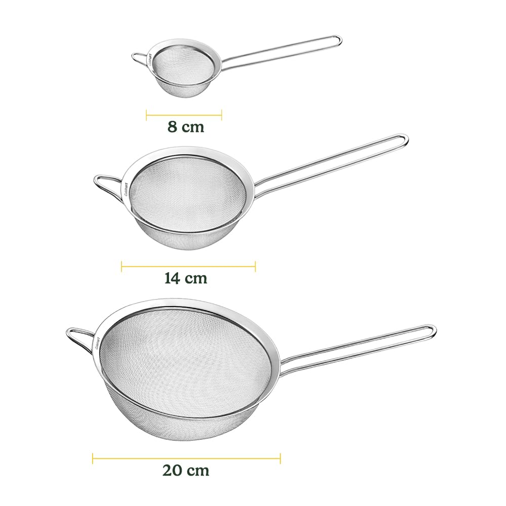 Cuisinart Mesh Strainers, 3 Count Stainless Steel Mesh Strainers for Kitchen, Fine Mesh Kitchen Strainer Set for Sifting, Straining & Cooking, Silver, CTG-00-3MS
