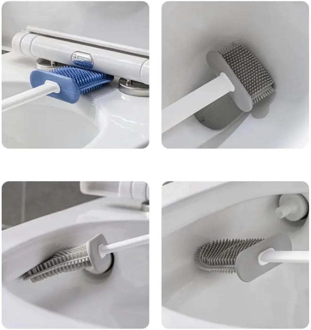 Toilet Bowl Brush and Holder Set with 2 Types of Brushes, Rubber & Silicone, Wall Mount Holder, Gray
