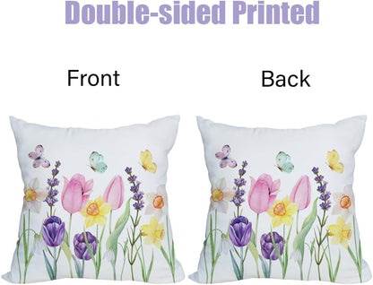 2 Pack Waterproof Spring Floral Pillow Covers, 16x16 Inch Pink Tulip Flower & Lavender Butterfly Outdoor Cushion Case