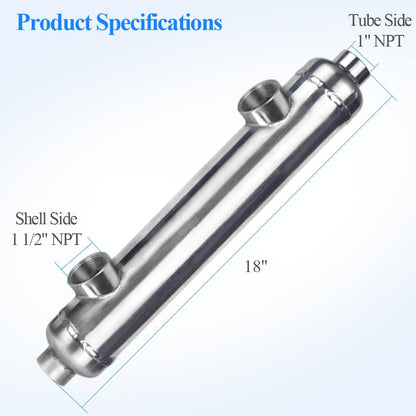 AB Pool Heat Exchanger 155kBtu Stainless Steel 316L Same Side Ports 1 1/2" & 1" FPT for 11,900 Gallon for Spa/Solar/Pool Heating
