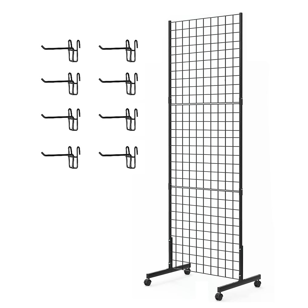 Eastern Tree 2 Packs 2'x 5' Six Pieces Gridwall Panels Stand with T-Base, Black Wire Grid Wall Display Racks with Wheels, Craft Show Display Rack, Retail Display, Extra More 16 Pieces Hooks