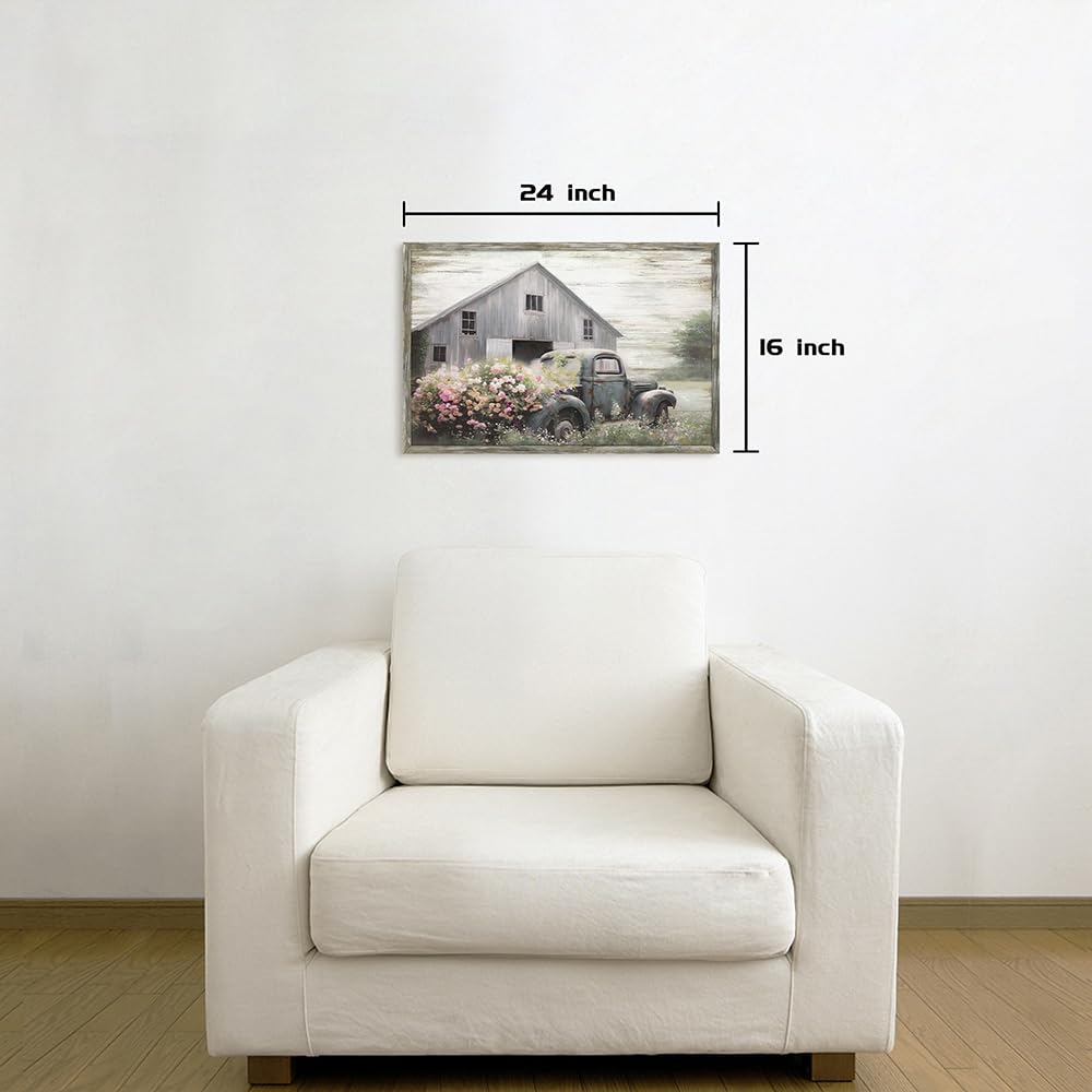 Rustic Framed Farmhouse Wall Art: Wooden Flower Truck Painting Country Barn Prints for Bedroom