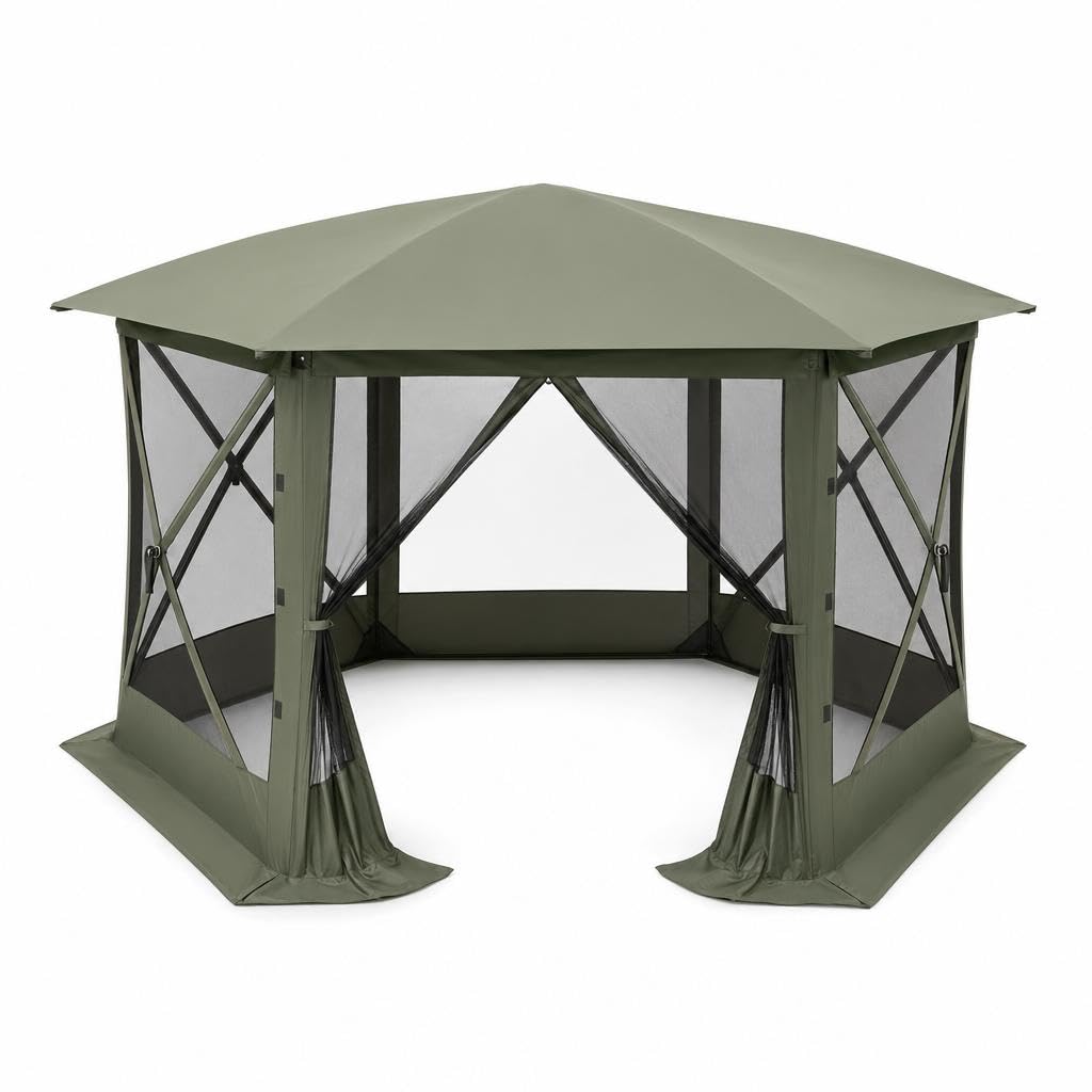 11.5x11.5FT Pop Up Canopy Tent 6 Sided Hexagon Screened Shelter with Mesh Windows, Portable Outdoor Gazebo Tent with Carry Bag, Stakes for Camping Backyard Lawn Patio