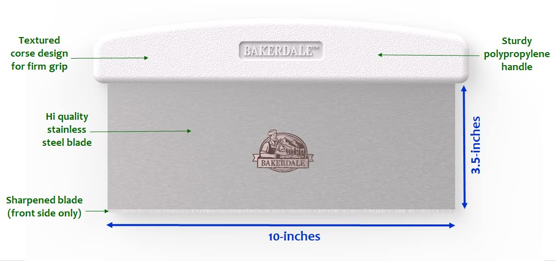 Bakerdale Large Bench, Dough, Cake Scraper, Icing Smoother Spreader, 10-inch Long Stainless Steel Blade, with White Polypropylene Handle