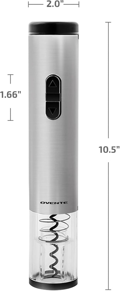 OVENTE Electric Wine Opener with Foil Cutter, Automatic Bottle Corkscrew Remover, Battery Operated, Silver WO1381S