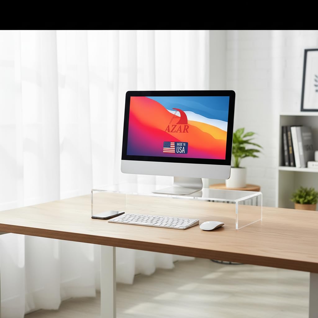 Azar 515360 Acrylic Monitor Stand Riser – Made in USA Laptop stand and Monitor Riser Acrylic Monitor Stand Riser Clear Laptop Stand for Desk Ergonomic Display Riser, Clear (21-Inch-Luxury Handcrafted)