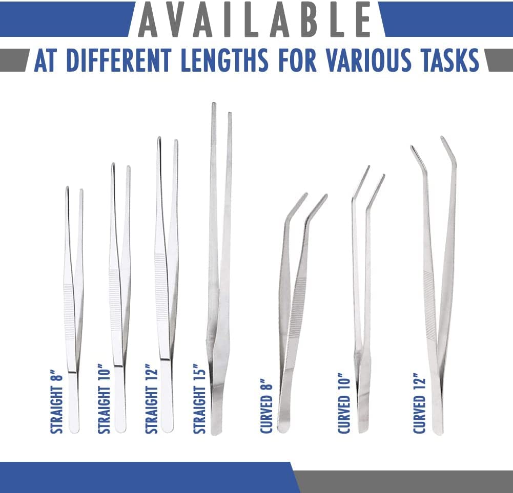 2 Pcs Straight and Curved Tip Tweezers 12 Inch, Stainless Steel Precision Tweezers Set with Serrated Tips Comfortable Ridged Handle, Tweezer Tongs for Cooking Repairing