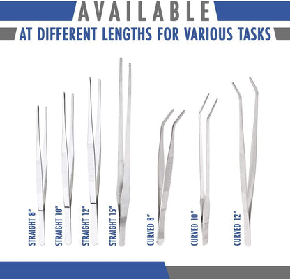 2 Pcs Straight and Curved Tip Tweezers 12 Inch, Stainless Steel Precision Tweezers Set with Serrated Tips Comfortable Ridged Handle, Tweezer Tongs for Cooking Repairing