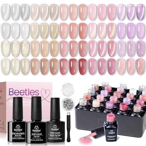 beetles Gel Polish Set - 23Pcs Macaroon Color Gel Nail Kit with Glossy Matte Top Coat Base Coat Yellow Pink White Purple Blue Glitter Bright Uv Nails Paradise Pastel Gel Halloween Gifts for Women