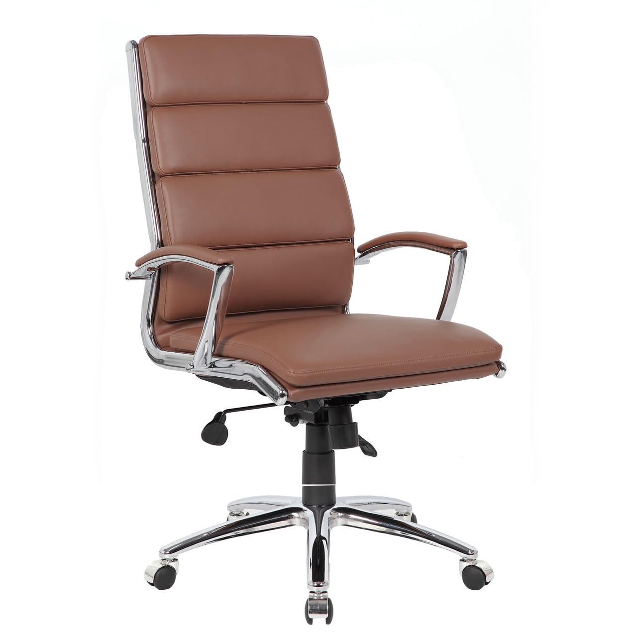 Office Furniture Warehouse Merak Executive High Back Chair – PU Leather, Chrome Base, Modern Contemporary Adjustable Swivel Desk Chair (Caramel)