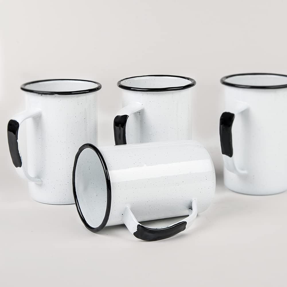 20 Oz Enameled Steel Mug Set of 6, Durable Indoor/Outdoor Use, Reusable & Stackable, Speckled White