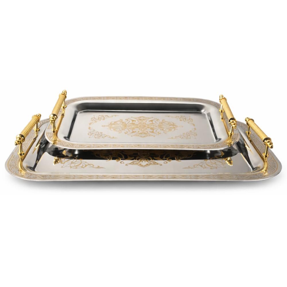Set of 2 Modern Elegant Large Serving Tray, Rectangle Decorative Tray Gold