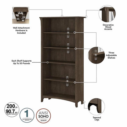 Bush Home Salinas Tall 5 Shelf Bookcase - Set of 2 in Ash Brown, Vertical Office Storage, Bookshelves for Home Workspace, Multi-Purpose Shelving Units