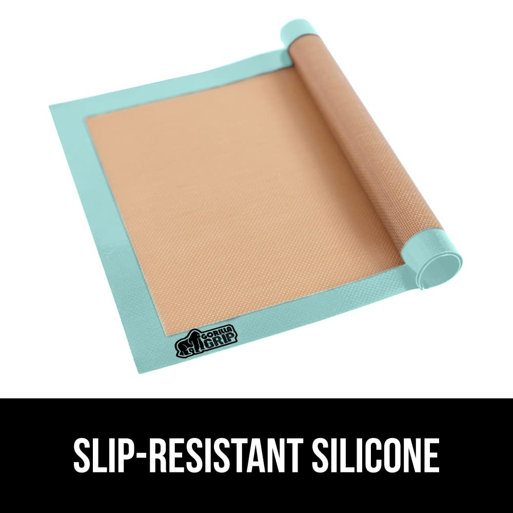 GORILLA GRIP Food Grade Reusable Nonstick Silicone Baking Mat, 16.5x11.87, Half Sheet 2PK, Oven Safe Cookie Sheet Liners, Up to 500 Degrees, No Mess Easy Clean Pastry Mats, Kitchen Essentials, Mint