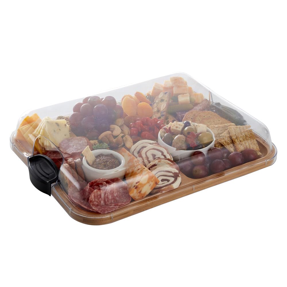 Farberware Build-A-Board Bamboo Cutting Board with Built-In Compartments & Clear Locking Lid, Black Handles – Charcuterie, Snack Tray, Food Prep and Serving Platter