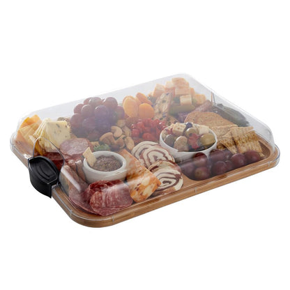Farberware Build-A-Board Bamboo Cutting Board with Built-In Compartments & Clear Locking Lid, Black Handles – Charcuterie, Snack Tray, Food Prep and Serving Platter
