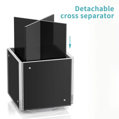 HIIMIEI Acrylic Picture Frames for Desk, 4-side Magnetic Photo Cube Pen Holder 4"x 4", 360° Rotating Desktop Organizer for Pencil, Makeup Brushes, Home, Office (Black)