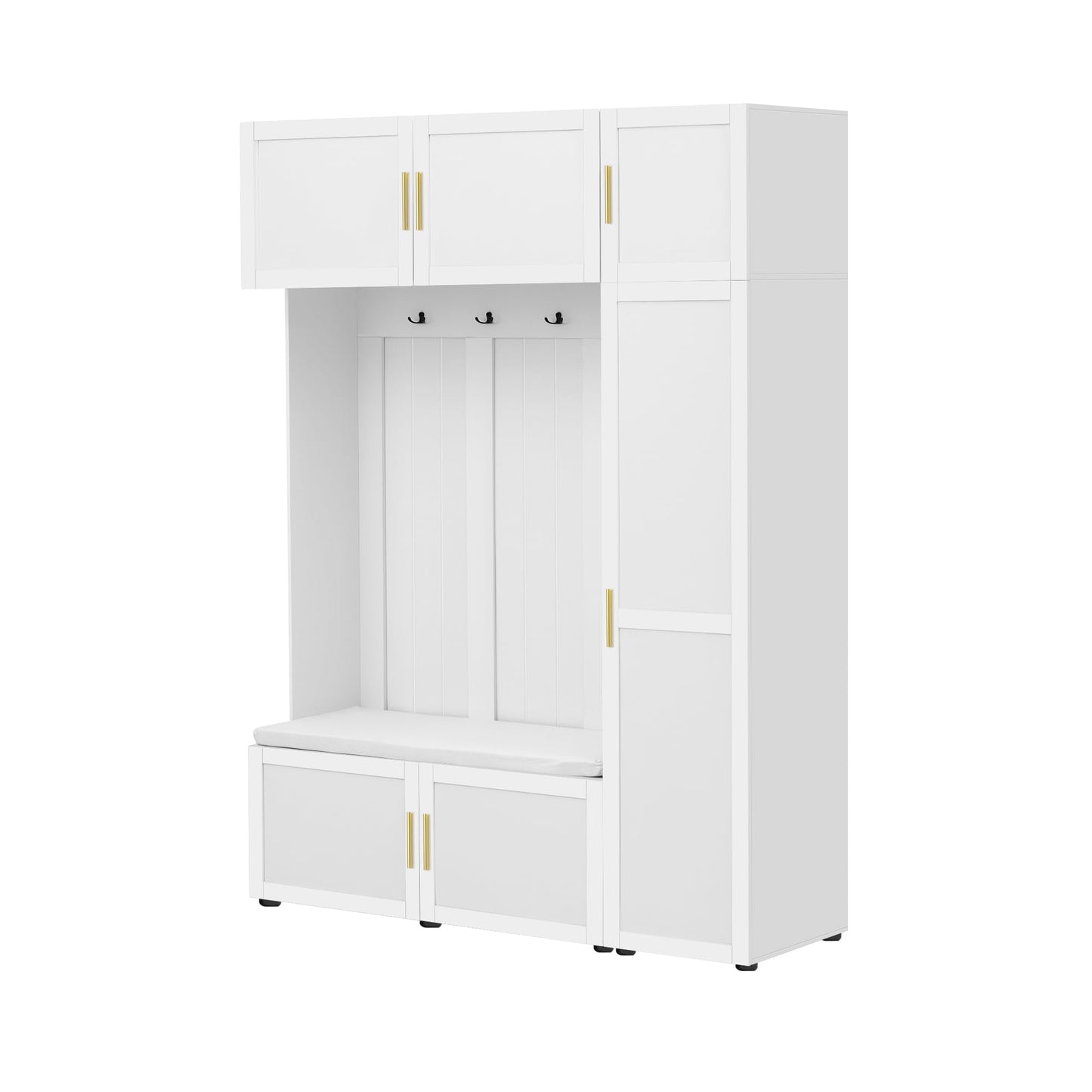 Amposei Modern Hall Tree with Shoe Storage Bench & Coat Rack, 79.72''H Tall Entryway Cabinet Organizer with 6 Doors, 4 Hooks & Padded Seat for Hallway Mudroom Living Room, White