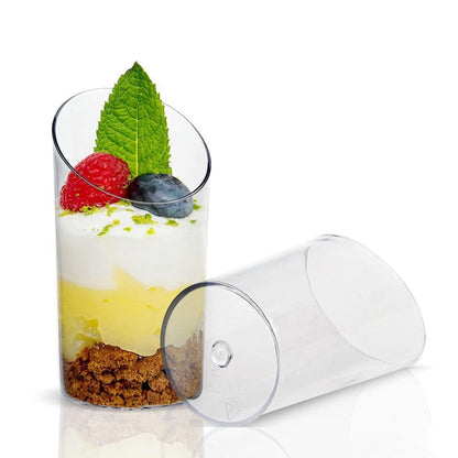 Zezzxu Mini Dessert Cups with Spoons 50 Pcs, 2.2 oz Plastic Small Dessert Shotter Cups Slanted Appetizer Cups for Serving Mousse Pudding Triffle, Serves 25
