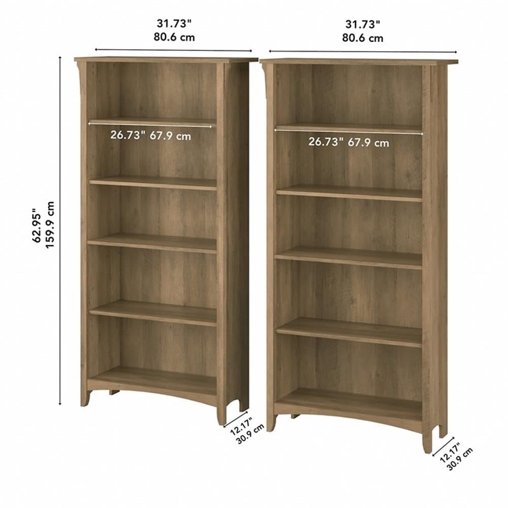 Bush Home Salinas Tall 5 Shelf Bookcase - Set of 2 in Reclaimed Pine, Vertical Office Storage, Bookshelves for Home Workspace, Multi-Purpose Shelving Units