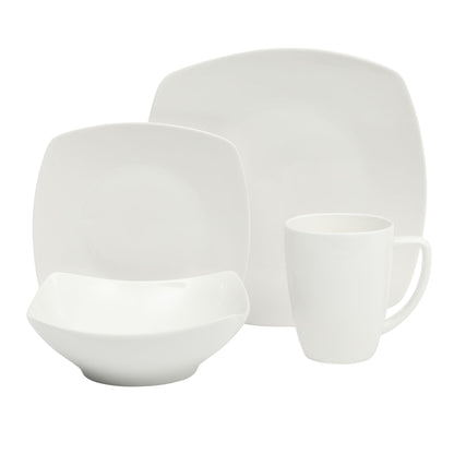 Gibson Home Zen Buffet White Porcelain Dinnerware Set for 4, Square Plates Bowls and Mugs, Chip and Scratch Resistant, Dishwasher and Microwave Safe, 16 Piece