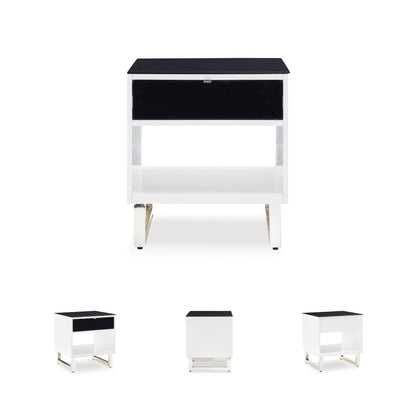 Signature Design by Ashley Gardoni Modern Glass-Tabletop End Table with 1 Drawer, Open Shelf, and High Gloss Finish, White & Black