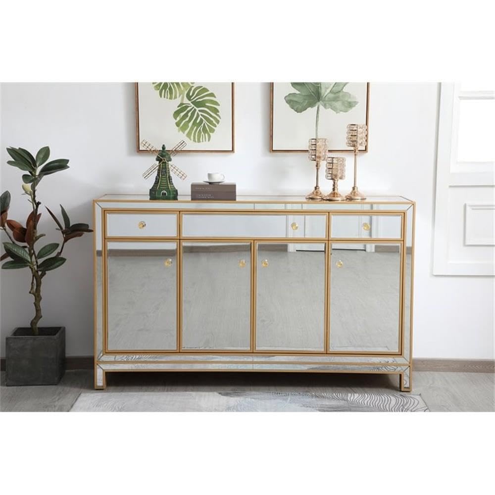 Pemberly Row Modern 60" Metal and MDF Mirrored Credenza, Gold Finish, 4 Doors, 3 Shelves, Rectangle Shape, Soft Closing Hand-Painted Storage Cabinet for Living Room, Dining Room, or Entryway Use