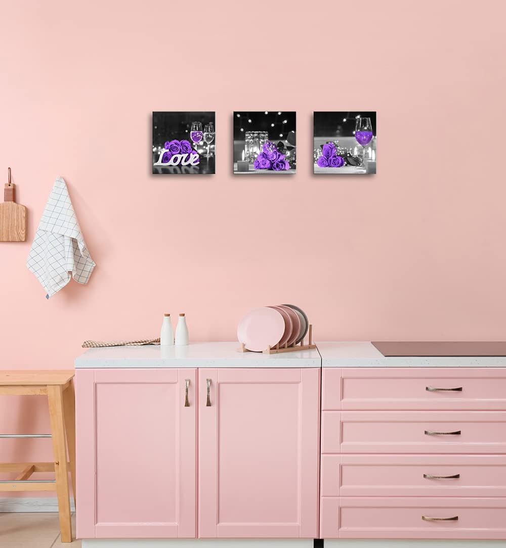 Purple Rose Flower Pictures Wall Art Decor for Kitchen, Wine Glass, Candle, Love, 3 Piece Canvas Prints Set 12x12inch