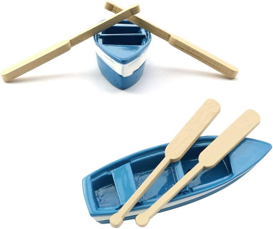 YXQ Miniature Blue Rowboat Set, 2 Little Resin Canoe Models with Oars for Cake Decoration