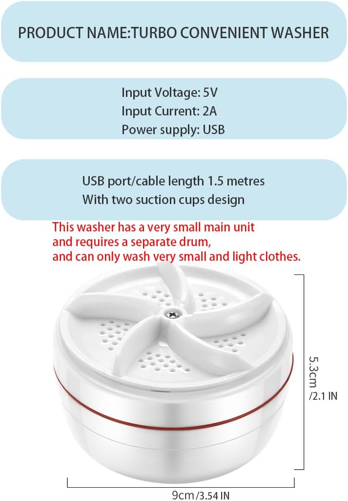 Portable Mini Turbo Washer, Compact Washing Machine for Underwear, Baby Clothes, Travel, Apartments