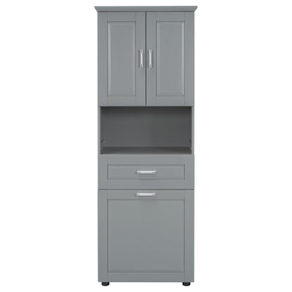 Storage Cabinet with Doors and Drawer, Multi-Functional Bathroom Storage Organizer with Laundry Hamper Basket and Open Shelf, Soft-Closing Door, Gray