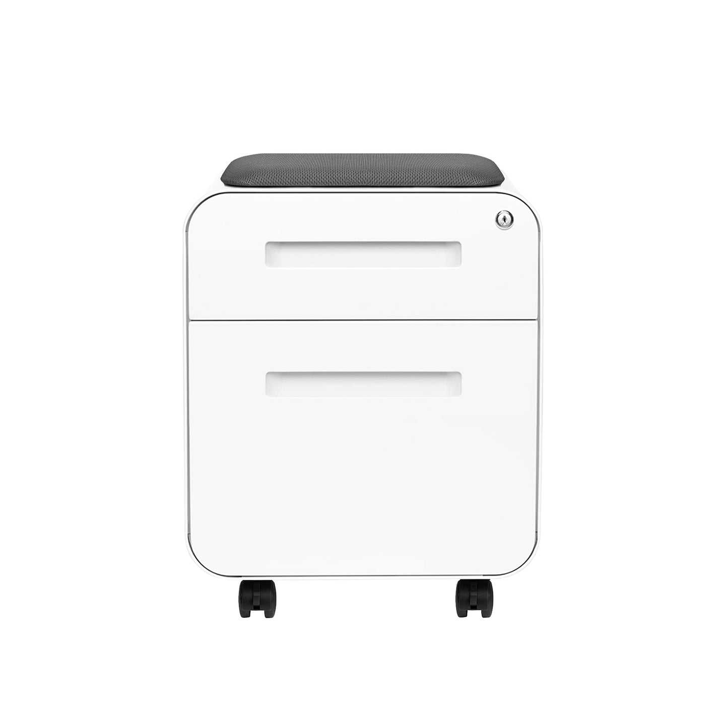 Laura Davidson Furniture STOCKPILE Mini Seated 2 Drawer Mobile File Cabinet with Removable Magnetic Cushion Seat - Short Version, Metal Filing Cabinet, Pre-Assembled, White with Grey Cushion