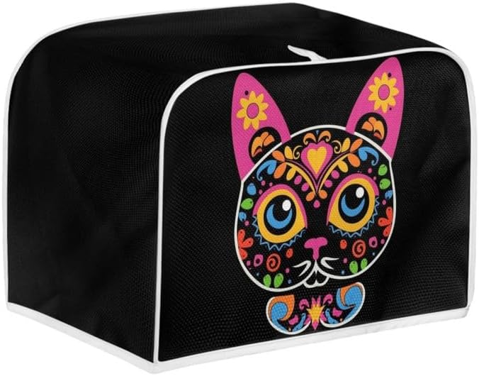 Toaster Cover 2 Slice, Sugar Skull Cat Black, Day of Dead Cartoon Cats, Washable Protective Cover with Hang Loop