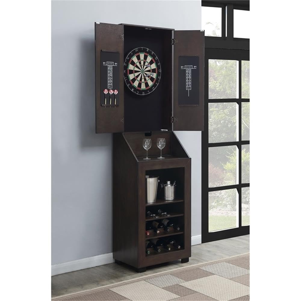 BOWERY HILL Dartboard Cabinet, 24" W x 15" D x 45" H, Walnut Finish, Includes Dartboard, Scoreboards, Darts, Wine Rack, Drop Down Storage Shelf, Traditional Style for Game Room Entertainment