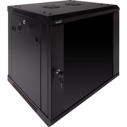 NavePoint 9U Server Rack Enclosure - 17.7” Deep, Wall Mount Network Cabinet with Locking Glass Door for 19” IT Equipment, Network Rack with 2 Fans, Removable Side Panels, Black