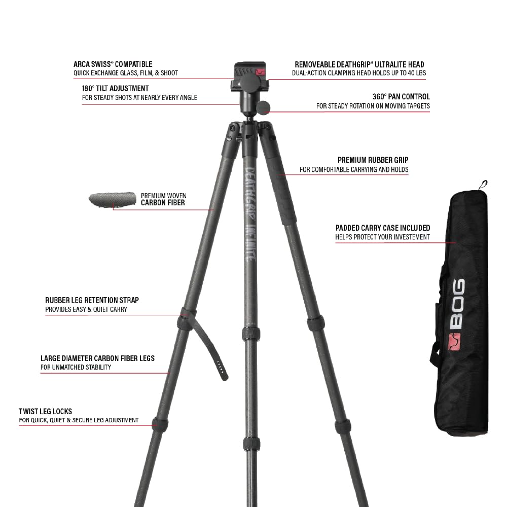 BOG DeathGrip Infinite Carbon Fiber Tripod with Heavy Duty Construction, 360 Degree Ball Head, Quick-Release Arca-Swiss Mount System, and Optics Plate for Hunting, Shooting, Glassing, and Outdoors