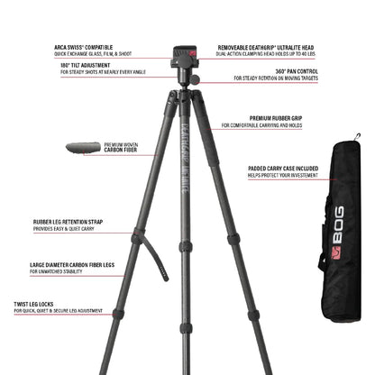 BOG DeathGrip Infinite Carbon Fiber Tripod with Heavy Duty Construction, 360 Degree Ball Head, Quick-Release Arca-Swiss Mount System, and Optics Plate for Hunting, Shooting, Glassing, and Outdoors