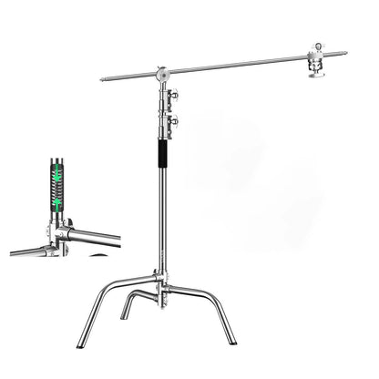 280cm Pro C-Stand Light Stand – Stainless Steel with 103cm Boom Arm, Adjustable Base, 2 Grip Heads, Carrying Bag, Sandbag & Clips for Photography & Video Lighting