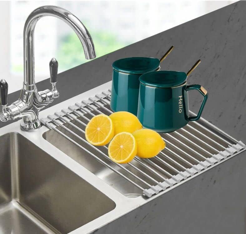 Ahyuan Roll up Dish Drying Rack Over The Sink Kitchen Roll up Sink Drying Rack Portable Dish Drainer Foldable Dish Drying Rack (Warm Gray, 17.8''X17'')