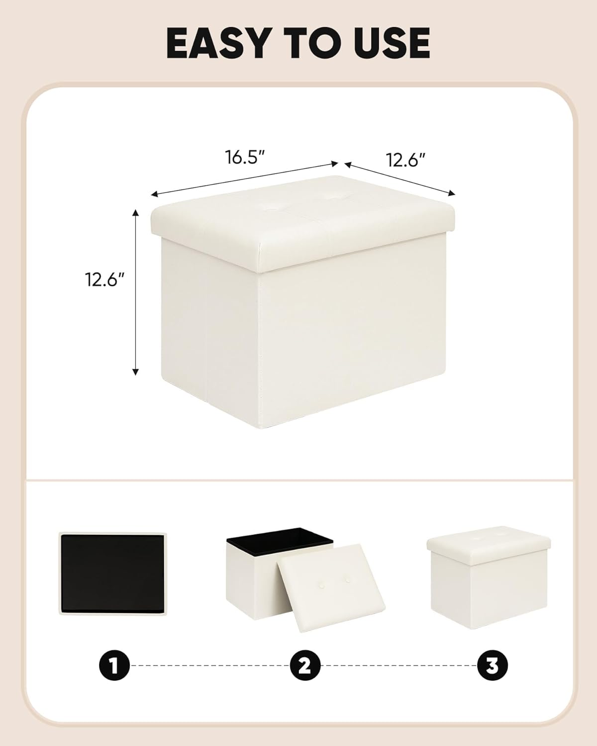 16.5"x12.6"x12.6" B FSOBEIIALEO Folding Storage Ottoman, Faux Leather Footrest Seat Coffee Table Toy Chest Kids, White