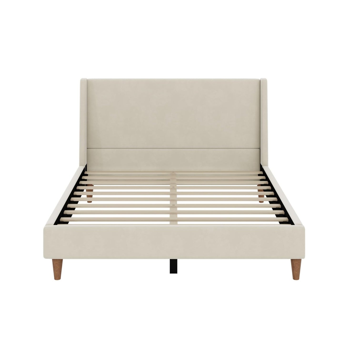 Merax Velvet Queen Size Bed Frame with Wingback Headboard, Solid Wood Upholstered Platform with Round Legs, No Box Spring Needed, Beige