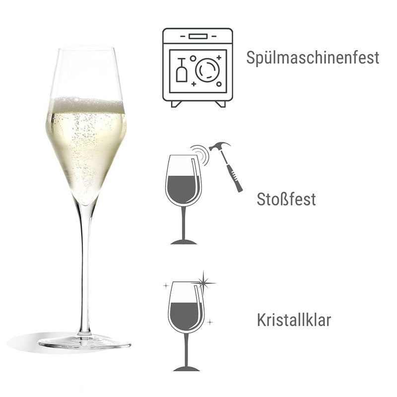Stölzle Lausitz Champagne Glasses Quatrophil Set of 6, 9 3/4 oz – Champagne Flutes for Sparkling Wine & Prosecco – Crystal Glasses Made in Germany – Dishwasher & Shock Resistant