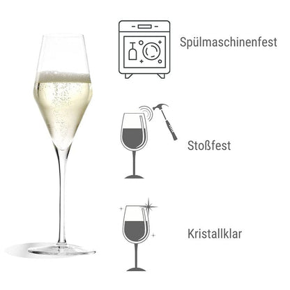 Stölzle Lausitz Champagne Glasses Quatrophil Set of 6, 9 3/4 oz – Champagne Flutes for Sparkling Wine & Prosecco – Crystal Glasses Made in Germany – Dishwasher & Shock Resistant