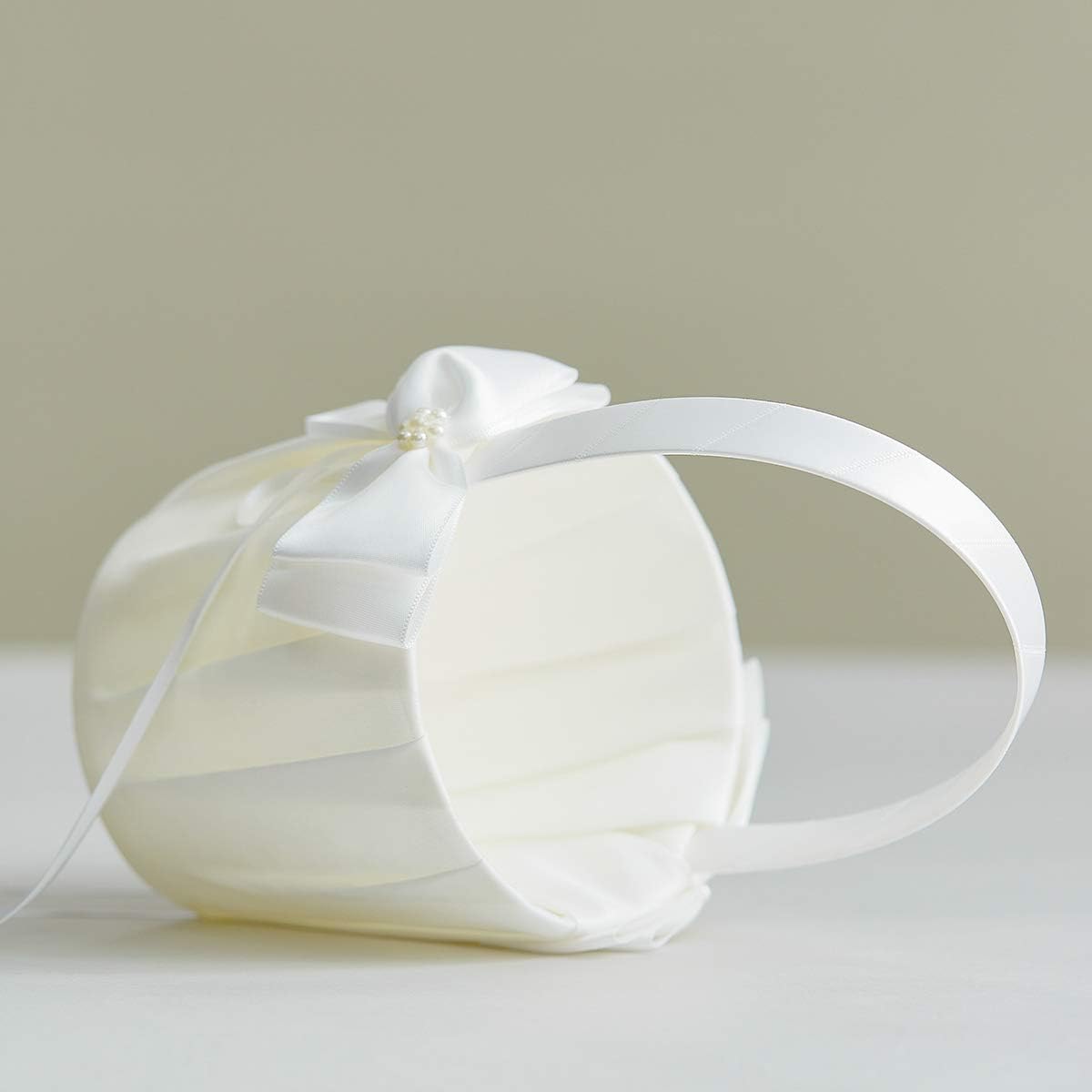 Wedding Flower Girl Basket and Ring Bearer Pillow Set - Simple Bow Pearl Collection, Ivory