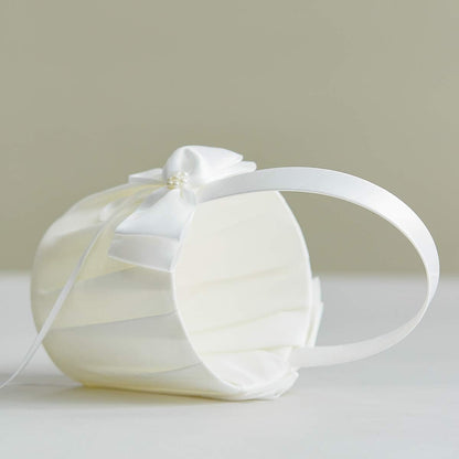 Wedding Flower Girl Basket and Ring Bearer Pillow Set - Simple Bow Pearl Collection, Ivory