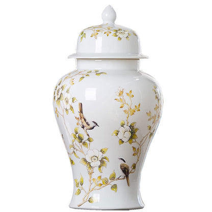 ZHOUXIAO White Ceramic Ginger Jar with Lid for Home Decor,Traditional Chinese Flowers and Birds Temple Jar, Jingdezhen Handcrafted Porcelain Vase Centerpiece Decor L